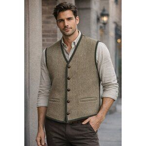 Orvis Mens Herringbone Wool Vest With Green Trim & Button Front Size L